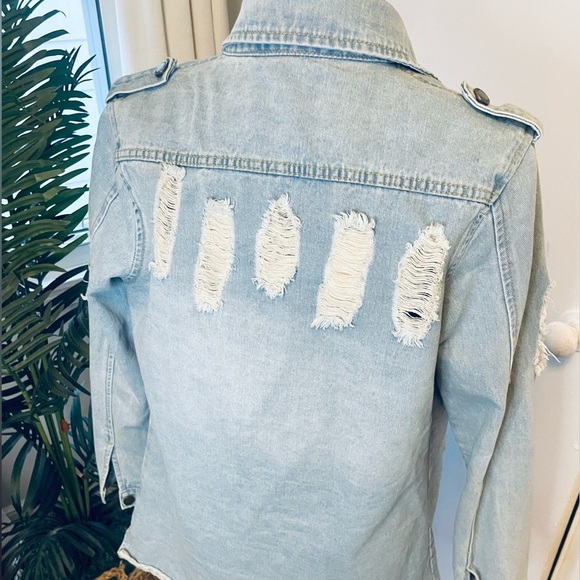 Light Wash Distressed Denim Long Jacket - Picture 3 of 13